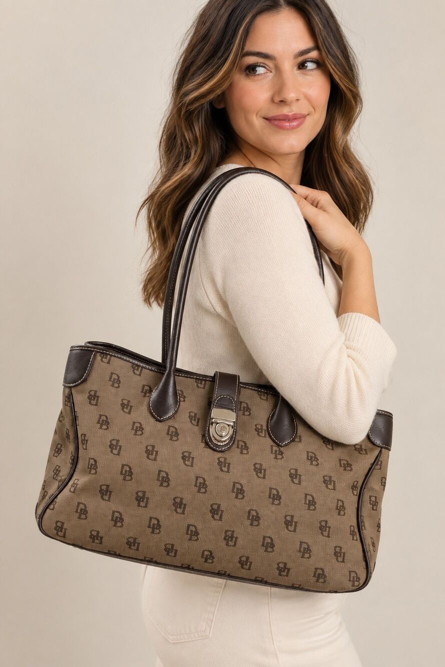 Dooney & Bourke Brown DB Monogram Canvas Leather Large Tote Bag Pink Lining